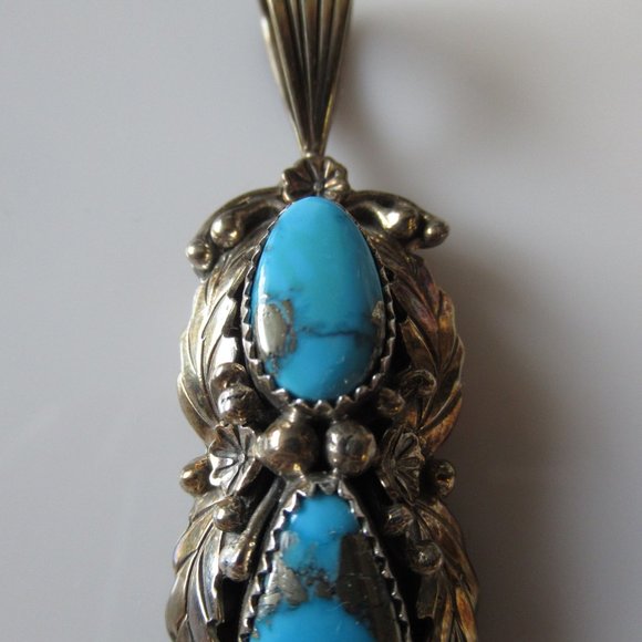 Vintage Native American Turquoise Pendant Sterling Silver Iron Pyrite Matrix - Picture 4 of 9